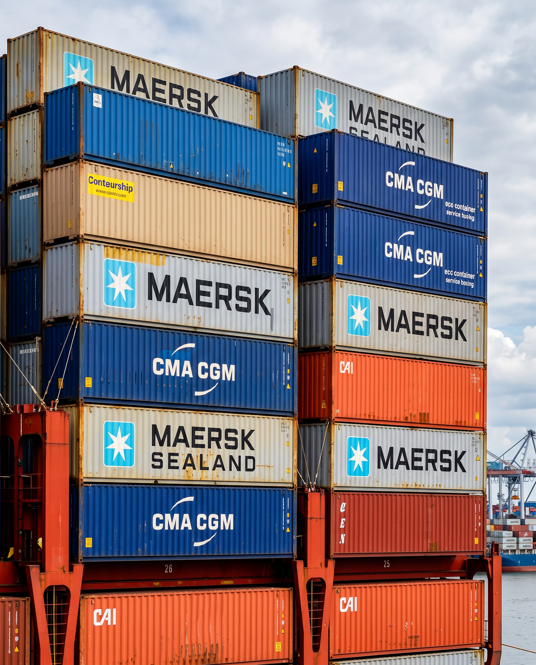 Ilustração gerada por IA de contêineres com as marcas Maersk e CMA CGM empilhados em um navio